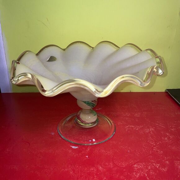 Vintage Hand Blown Art Glass Crystal Pedestal Scalloped Centerpiece Bowl Yellow - Picture 3 of 5